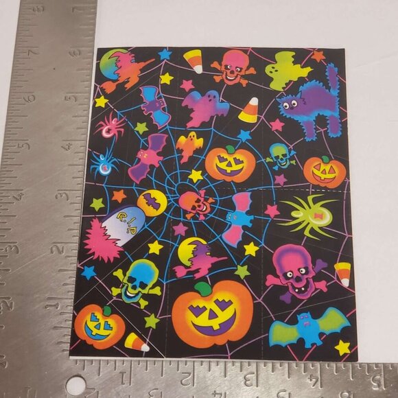 FULL SHEET:  LISA FRANK HALLOWEEN 1989 SKULL WITCH CAT SPIDER STICKER S129 - Picture 1 of 3